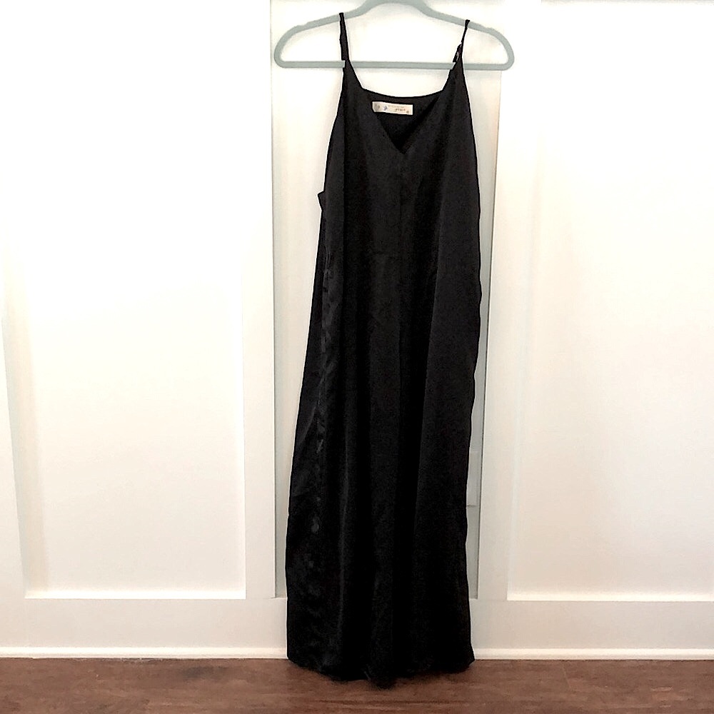 Black silky wide leg jumpsuit with POCKETS